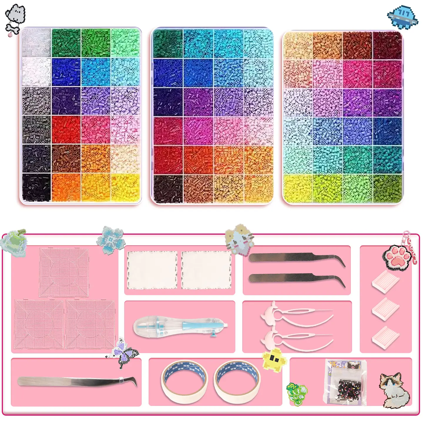 72 Color Fuse Beads Kit, 2.6mm 3D Beads Set with Tweezers and DIY Beading Accessories, DIY Jewelry Accessories kit for Pixel Art, Keychains, Jewelry Making & Kids Crafts,Great Graduation Gifts,Summervibes