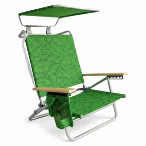 Bliss Hammocks Folding Beach Chair Recliner with Canopy, Green Banana Leaves