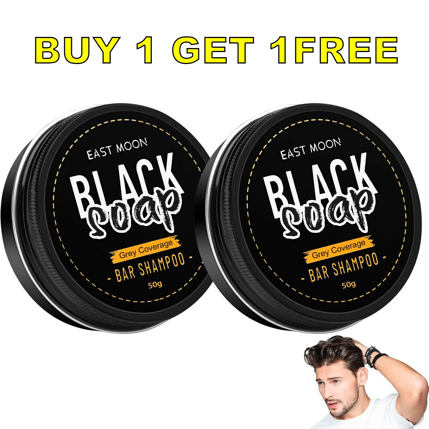 East Moon Charcoal Black Hair Dye Shampoo Bar (Buy 1 Get 1 Free Product) - Natural Cleansing, Hydrating Haircare for Women - Covers Grey Roots, Restores Black Shine, Long-Lasting Color, Volumizing Daily Use