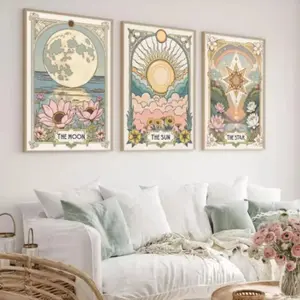 Vintage Sun Star Moon Tarot Art Print Set, Bohemian Floral Artistic Wall Decor Decoration, Unframed Canvas Poster for Living Room Bedroom