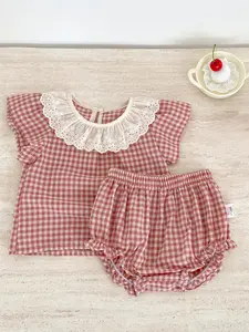 Summer Newborn Baby Girl Set, Lace Collar Plaid Top & Shorts, Cozy Two-Piece Suit for Babies 0-3 Months