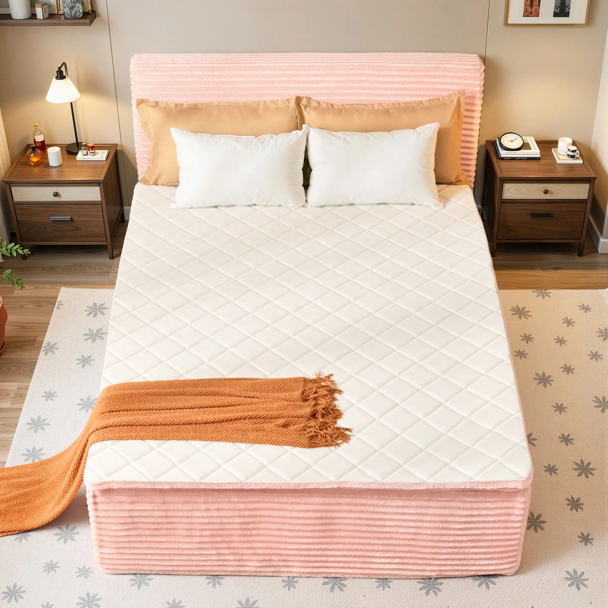 ALLWEX Full Size Bed with Mattress Included, 55" Modern Upholstered Cloud Platform Bed, Thick Padded Headboard with Soft Rounded Edges, 6-Layer Hybrid Mattress Featuring Pocket Springs & Adaptive Foam, No Box Spring Needed