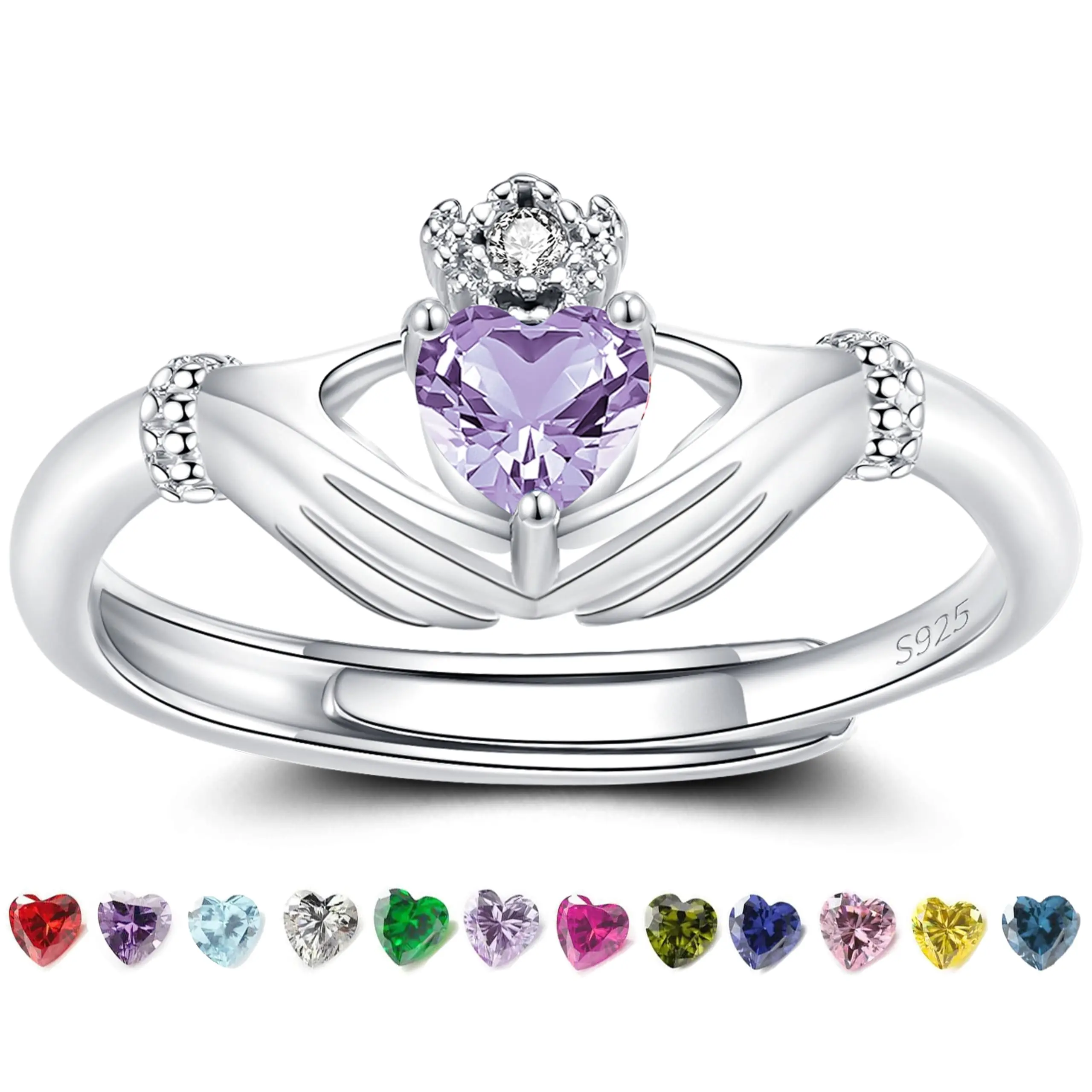 Birthstone Rings For Women: Sterling Claddagh Ring Adjustable Irish Promise Band - Birthday Christmas Gifts Teen Daugter Sister