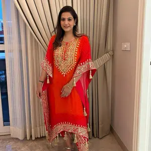 Silk Kaftans with Tulip Pant - Red Outfit with Intricate Design and Elegant Sleeves for Versatile Wear