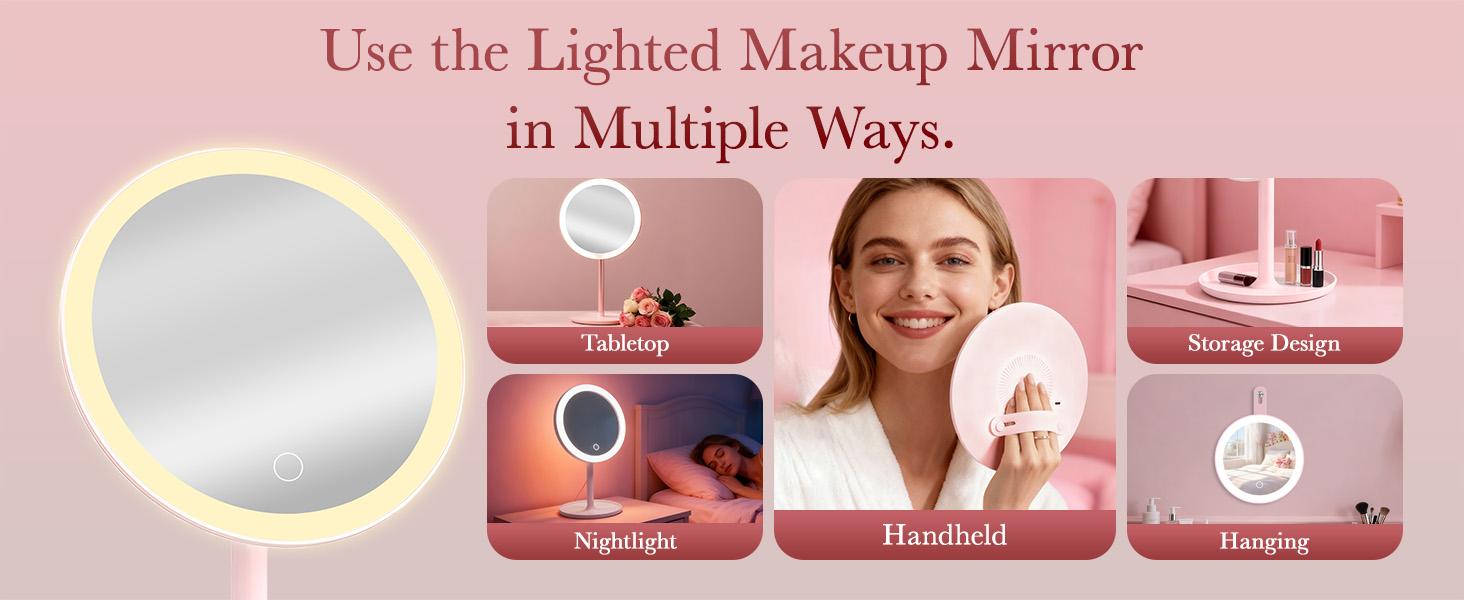 Amifiy Lighted Makeup Mirror — 4-in-1 Rechargeable Magnetic Beauty Mirror, 360° Free Rotation (Pink), 3 Color Modes & Adjustable Brightness, Detachable Design, Portable Lighted Makeup Mirror for Desktop & Travel Use
