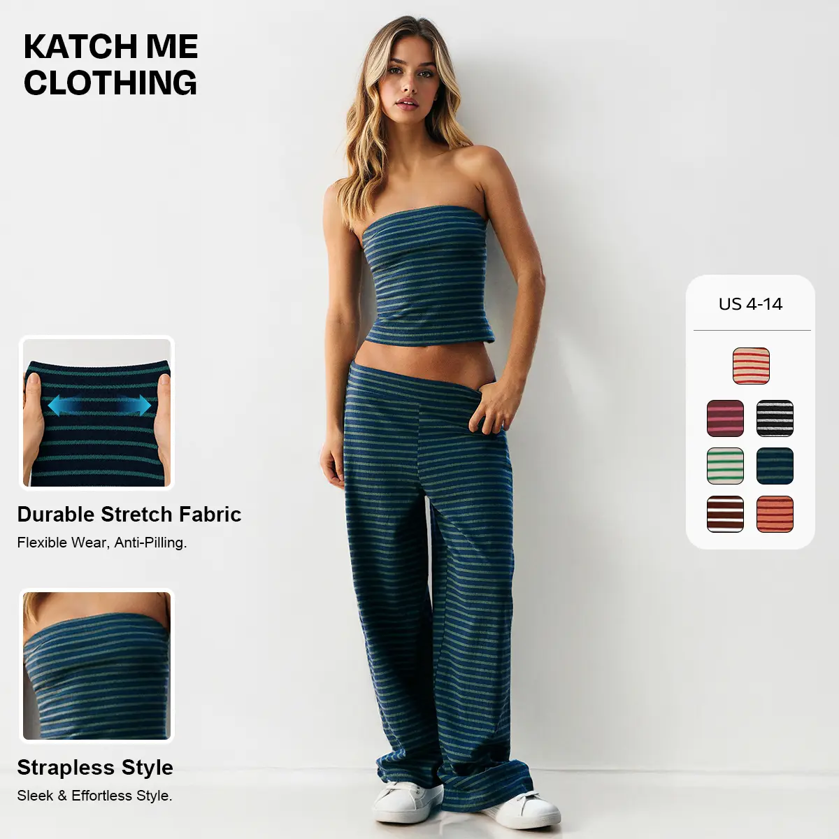 KATCH ME Clothing Women's Chic 2-Piece Matching Striped Casual Sleeveless Slim Tube Top & Low-Rise Wide Leg Trousers Co-ord, Anti-Pilling Soft Lightweight Skin-Friendly Spring Summer Outfits (Do Not Bleach), Two Piece Set