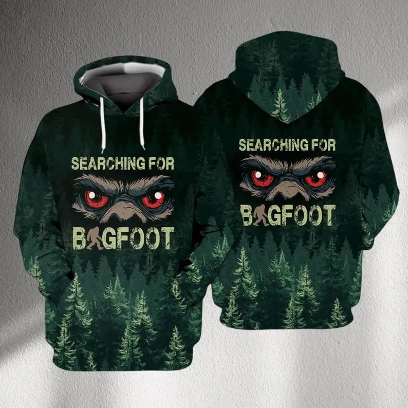 Searching for Bigfoot Hoodie, Dark Forest Pine All Over Print Sweatshirt, Sasquatch Red Eyes Graphic Pullover, Unisex Camping Gift