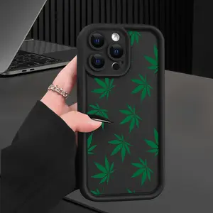 Green Leaf Print Stoner Aesthetic Phone Case, Black Matte Silicone Shockproof Full Camera Protection Cover for iPhone 15 14 13 12 11 Pro Max XS XR&Samsung S26 25 24 23 22