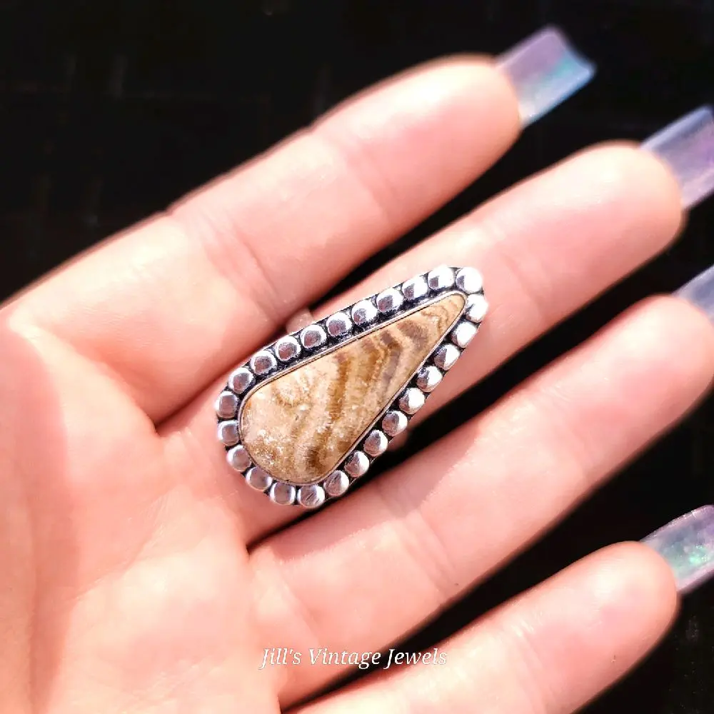 Natural Zebra Jasper Stone Ring. Stamped 925 Size 8 1/2