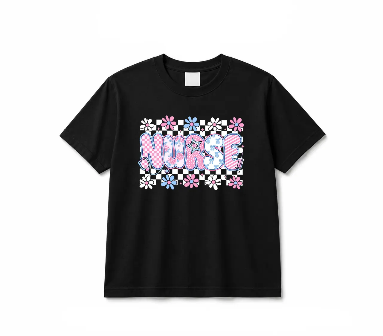 Preppy Checkered Nurse Blue Floral Graphic T-Shirt, Soft Cotton Crewneck Tee for Nicu RN CNA, Everyday Wear, Stethoscope Shirt, Comfortable & Durable Womenswear