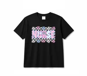 Preppy Checkered Nurse Blue Floral Graphic T-Shirt, Soft Cotton Crewneck Tee for Nicu RN CNA, Everyday Wear, Stethoscope Shirt, Comfortable & Durable Womenswear