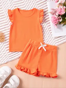 Girls' Summer Fashion Sleeveless Top and Shorts Set, Bow Knot Casual Style, Thin Woven Fabric, Regular Length, Fitted Fit