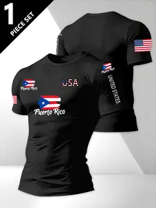 Men's Puerto Rico Usa Flag Print Short Sleeve T-Shirt, Casual Loose-Fit Summer Streetwear, Fashion Long Top for Daily Wear