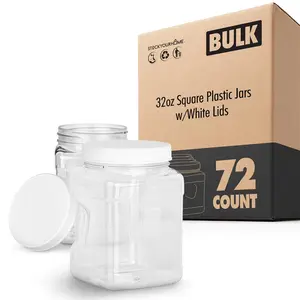 32oz Square Plastic Jars w/White Lids (72 Pack)