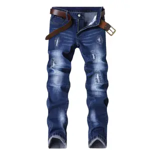 Men's Cotton Denim Blend Pants - Elastic Slim Fit, Regular Length, Distressed Embroidered, Deep Blue, Button-Closure, Multi-Size Pockets, All-Season Casual Jeans