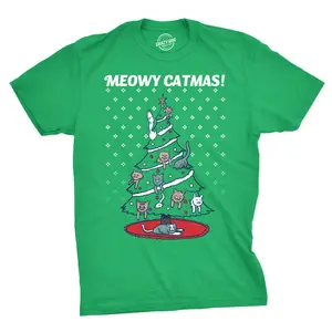 Mens Meowy Christmas Funny Cat Dad Ugly Sweater T shirt Adult Humor Sarcastic Mens Funny T Shirts Cool Vintage Fashion T-Shirt Gift Classic Menswear Christmas Apparel for Men Funny Knit Pattern Short Sleeve Green