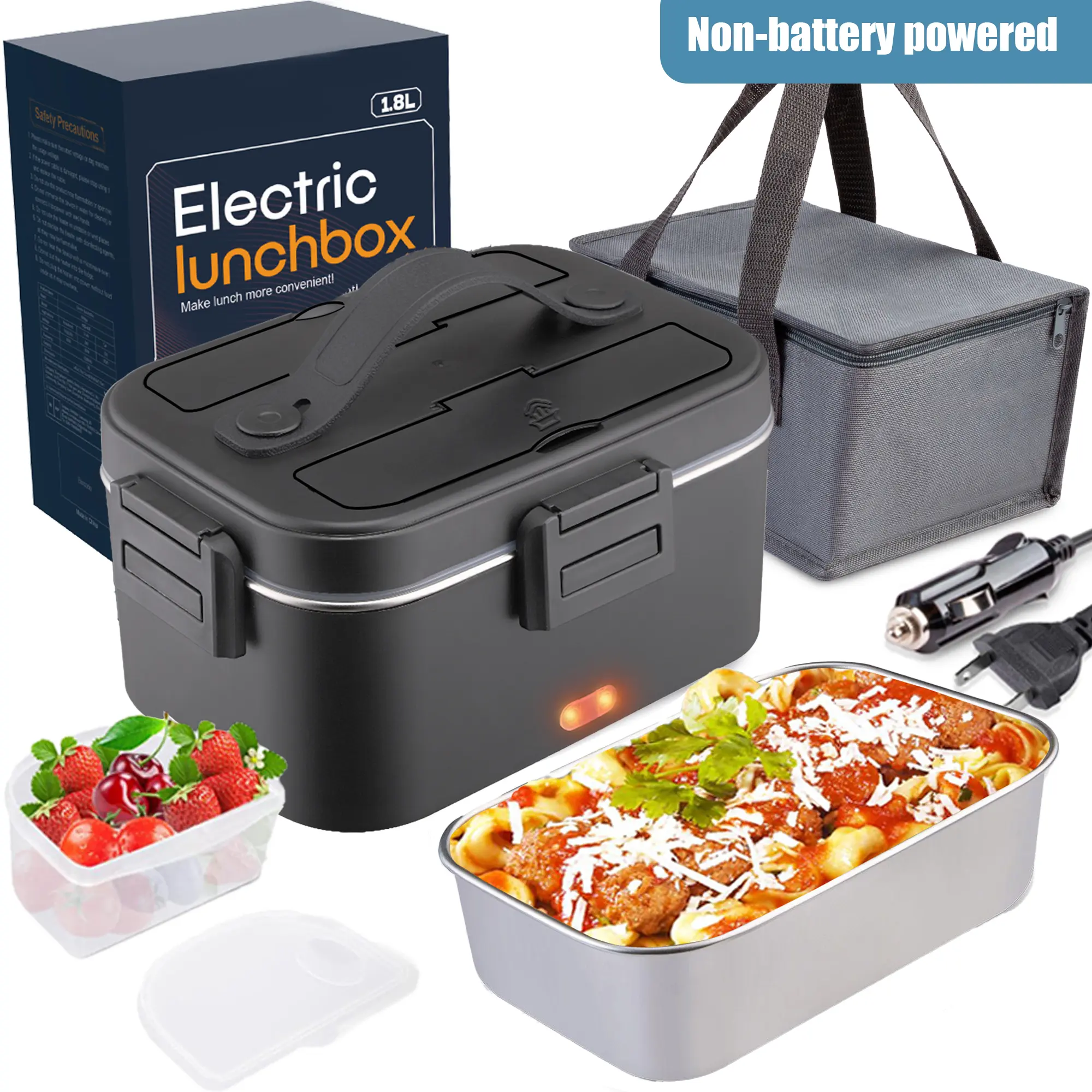 Nifogo Compact Multi-Power Leakproof Lunch Box - Single Unit, 1.5/1.8L Portable Electric Food Warmer, 110V/12V/24V for Car/Home, with Tableware & Carry Bag, Heated Lunch Box
