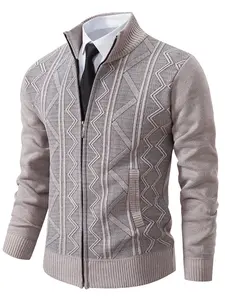 Men's Full Zip Jacket, Warm Knit Sweater Coat, Stand Collar, Front Zip Closure, Winter Fleece Lined, Casual Patchwork Design, Casual Zipper Coat