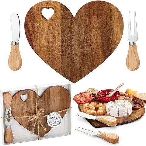 Bamboo Heart-Shaped Chopping Board Set (1/2 Multi-Size Pcs, 7.9x7.9inches) with Kitchen Knives & Utensils - Gift Boxed Birthday Party Gift for Couples, Baby Shower Prize