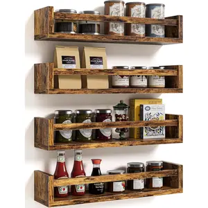 Rack Wall Mount - 4-Pack Wooden Hanging Spice Rack for Wall - Rustic Wood Spice Wall Rack for Kitchen Seasoning Organization (4, Rustic Brown, 15.7 Inches)
