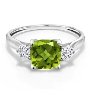 Gem Stone King 10K White Gold Green Peridot and White Moissanite 3-Stone Engagement Ring For Women | 1.96 Cttw | Cushion 7MM | Wedding Engagement Anniversary Promise Ring For Women