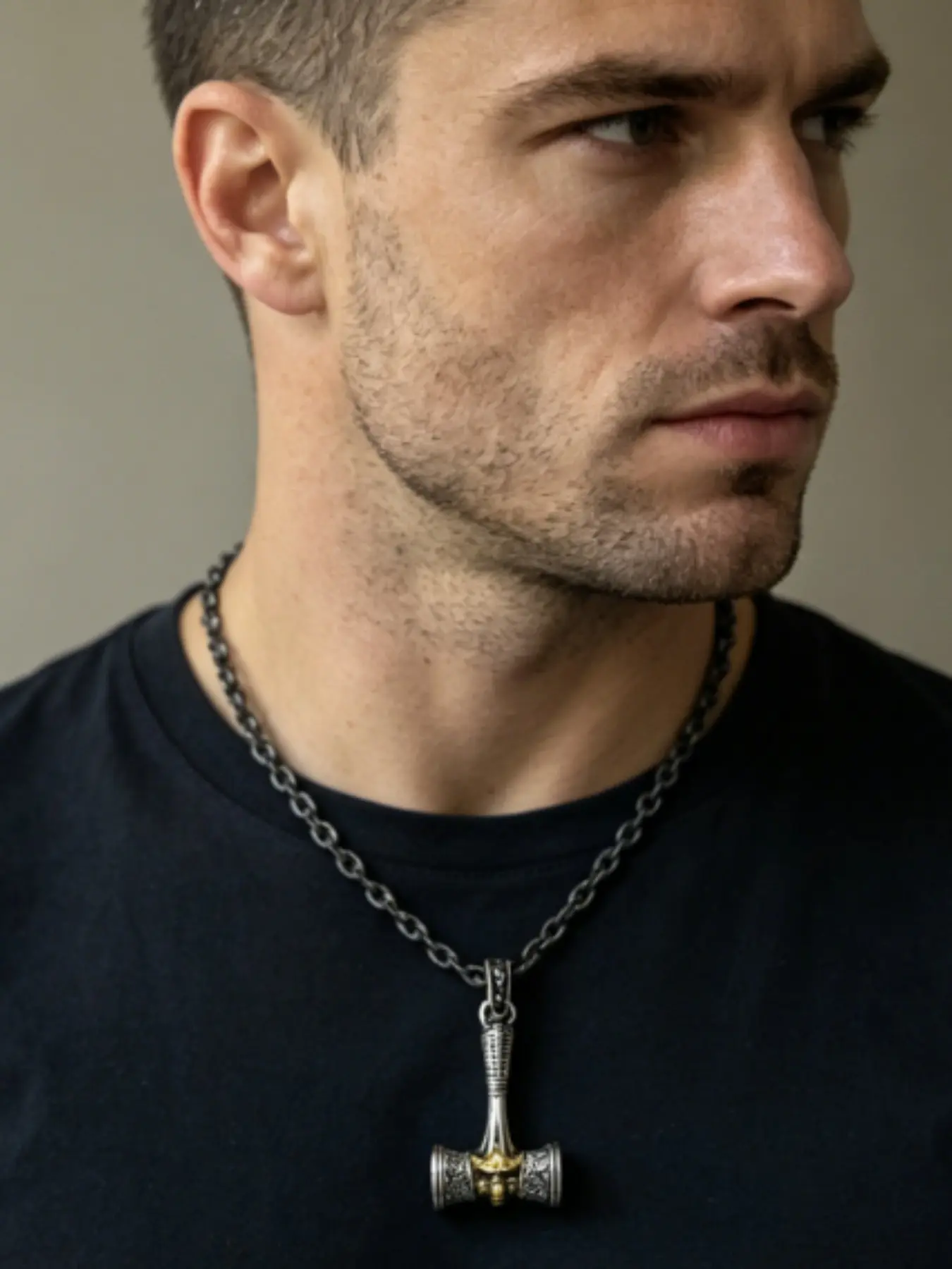 Viking Warrior Hammer Pendant Necklace, Gun Chain with Two-Tone Gold Accents, Stainless Steel Chain, Nordic Style Men's Streetwear Jewelry