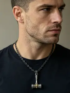 Viking Warrior Hammer Pendant Necklace, Gun Chain with Two-Tone Gold Accents, Nordic Style Men's Streetwear Jewelry