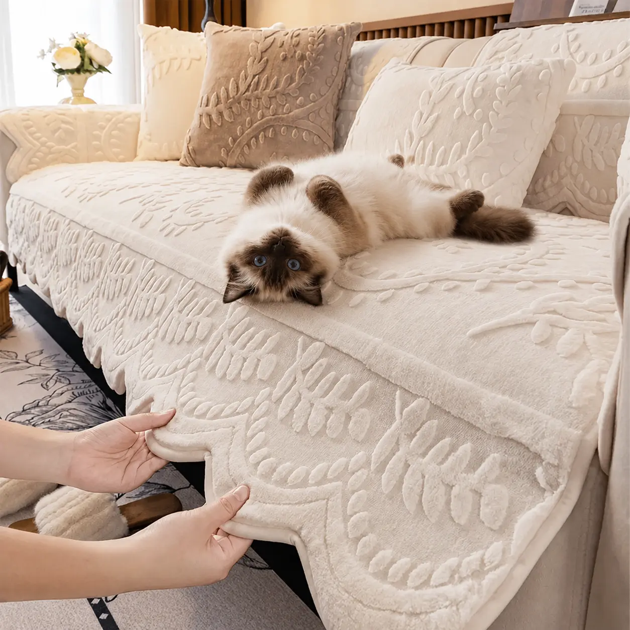 Raybee Gift Choice 1 Count Sofa Cover for 1-4 Seater NO BACK OR ARMREST Solid Color Jacquard Sofa Protector, Anti-slip Couch Bench Cover, Machine Washable Slipcover, Pet-friendly sofa Towel Mat for Home, Living Room, Dormitory, Hotel, Beige, Gray