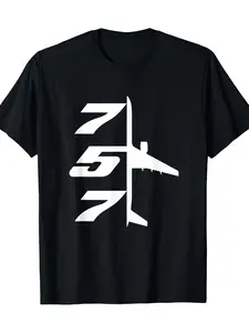 Men's Black B757 Aircraft Print T-Shirt - Heavyweight Crewneck Top, Contoured Fit, Digital Print Casual Short Sleeve Shirt for Aviation Enthusiasts |   Comfort Fit Crewneck T-Shirt