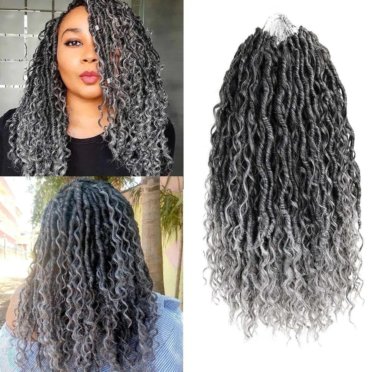 Ombre Grey Crochet Hair For Women,14 Inch Boho Goddess Locs Crochet Hair,7 Packs Salt and Pepper Faux Locs With Curly Ends Pre Looped Hippie River Locs Crochet Braids(14",7packs,T1B/Gray#)