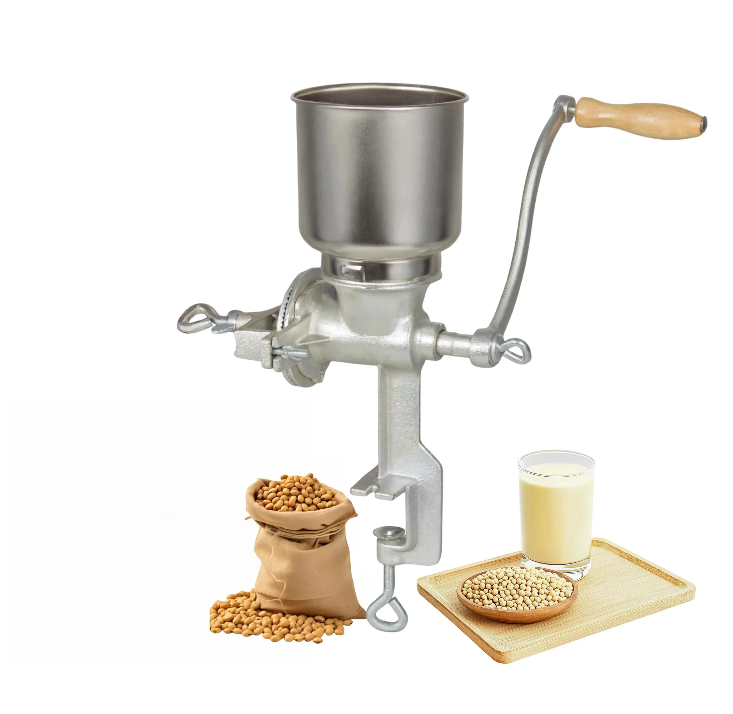 Heavy Duty Cast Iron Manual Grain Mill & Coffee Grinder - Dry/Wet Grinding for Wheat, Corn, Grains, Flours | High Hopper Design, Silver Finish