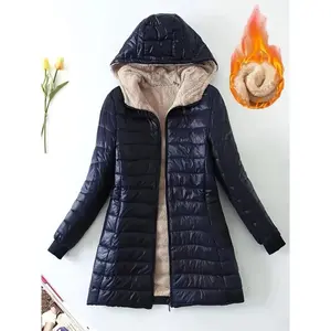 New Mid-Length Hooded Slim-Fit Fleece-Lined Warm Jacket for Women, Cozy Layering Piece, Winter Outerwear, Minimalist Design, Elegant Style, Long Sleeve Jacket, Midlength Coat, Cold Climate Apparel, Everyday Coat