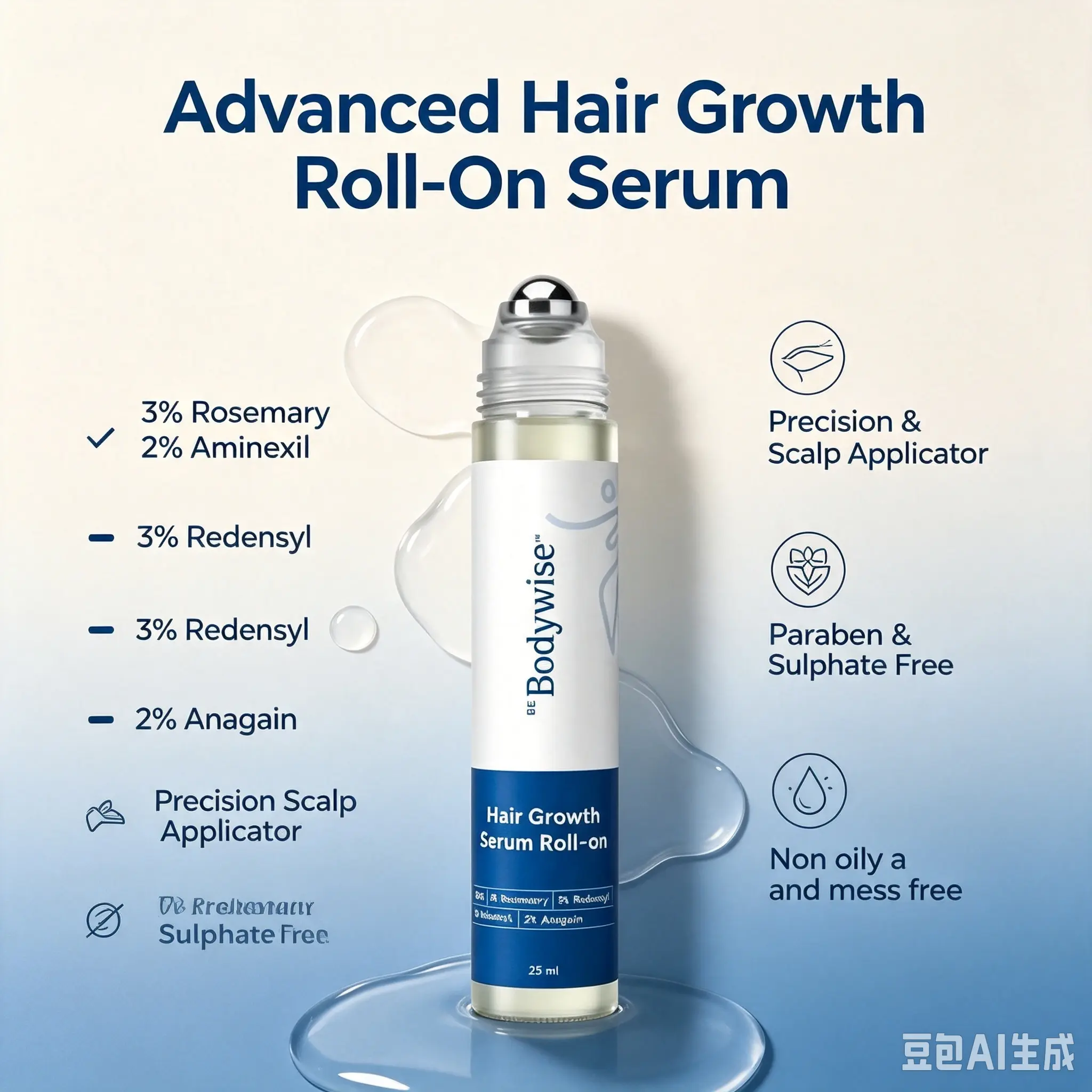 Be Bodywise Advanced Hair Growth Roll-On Serum, 3% Rosemary, 2% Aminexil, 3% Redensyl & 2% Anagain, Precision Scalp Applicator, Non-Greasy, Paraben & Sulfate Free