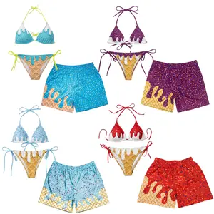 Couple Matching Ice Cream Bikini Set Two Piece & Men's Beach Wear Mesh Shorts, Active Tops, Summer Swimwear, Athletic Bikini Set, Bikini Bottom Season, Trendy Women's Pool Beachwear Outfits, Vacation Outfit for Him and Her
