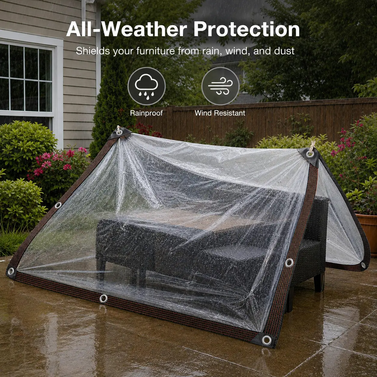 1-Count Transparent Rain Tarp with Reinforced Grommets, Waterproof Tear-Resistant Cover with 6-Line Stitched Edges, Heavy-Duty Clear Protection for Patio & Garden Outdoor Furniture