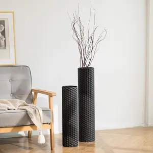 Black tall floor vase 276217in metal cylinder vases extra large decorative vase set of 2 living room modern honeycomb texture big standing vase for dining bedroom home corner indoor office