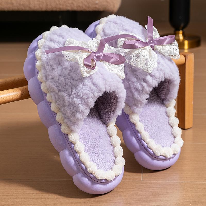 Women's Winter New Bow Plush Slippers Thick Sole Cozy Indoor Home Slippers for Fall & Winter
