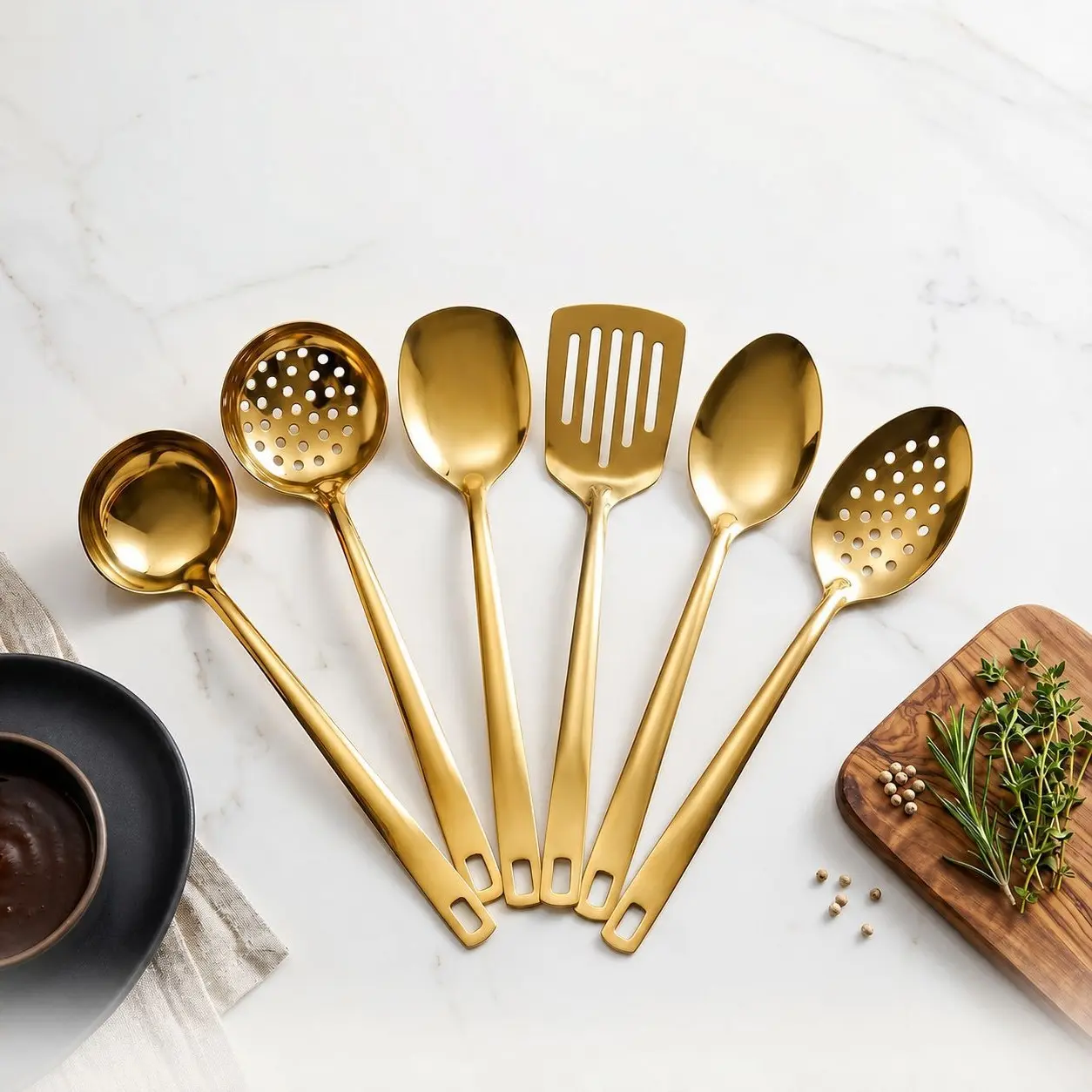 Stainless Steel Kitchen Utensil Set, Kitchen Utensils Gadgets, Kitchen Tools And Gadgets, Cooking Tools, Household Kitchen Cooking Accessories, 6 Counts/set Including Spoon, Slotted Spoon & Spatula, Durable Kitchenware for Home Use-MM1