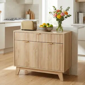 33in Wide Fluted Buffet Cabinet with Adjustable Shelf and Drawer, Storage Sideboard Cabinet for Dining Room, Living Room, Kitchen, Entryway, Natural Oak