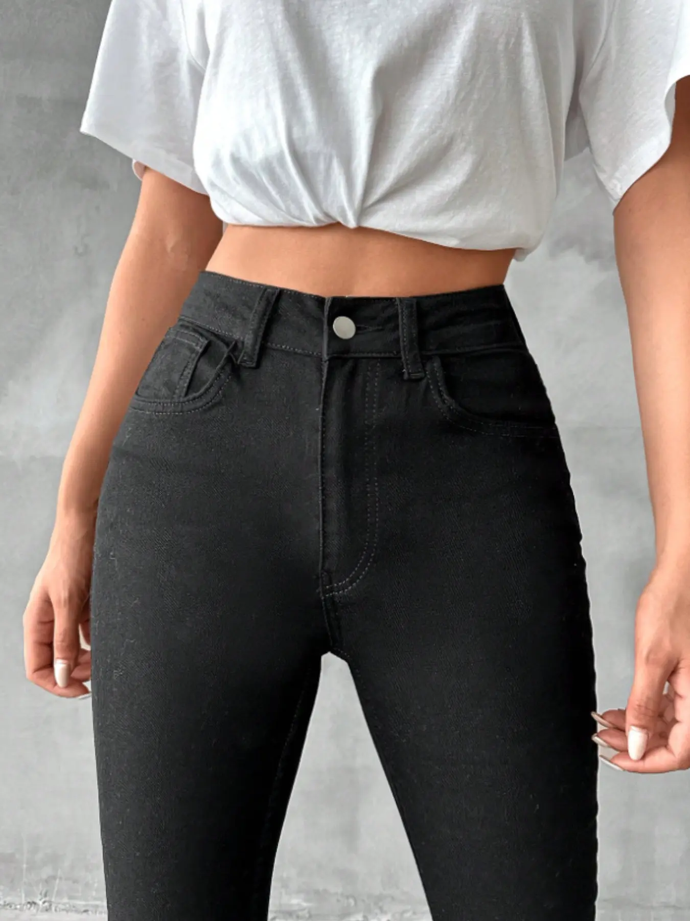 Women's High Waist PU Denim Jeans, Elastic Coated Button Fly Design, Comfortable Stretch Fabric, Perfect Fit for Daily Wear