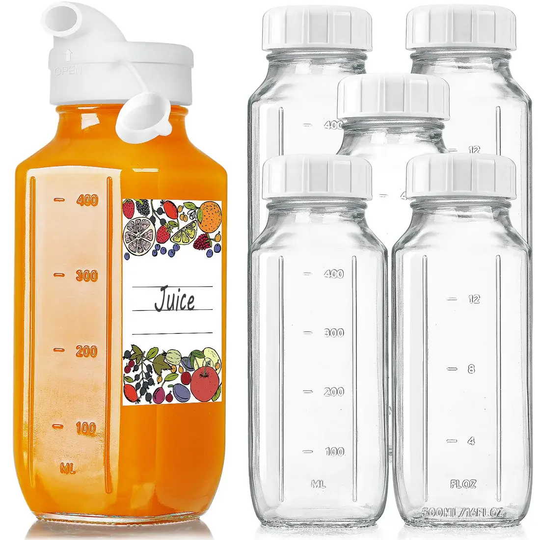 6-Pack 16oz Glass Juice Bottles with Airtight Lids, Reusable Leakproof Drink Containers for Juice, Water, Coffee & Smoothies, Wide Mouth Square Glass Bottles with Measurement Marks, Labels & Extra Caps for Travel, Gym & Fridge Storage
