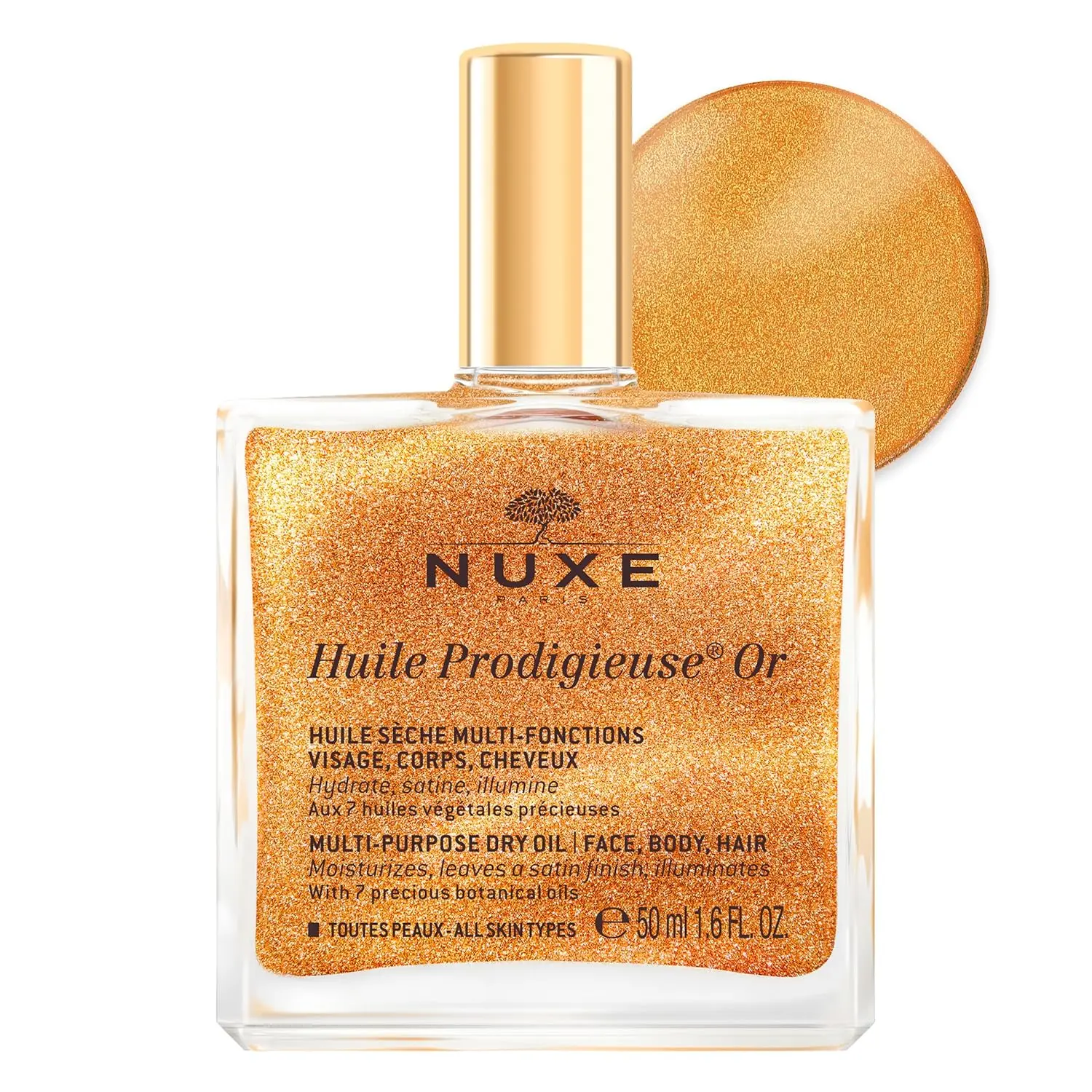 NUXE Golden Glow Dry Oil - Face, Body & Hair Shimmer - Huile Prodigieuse Shimmer 1.6 Fl Oz