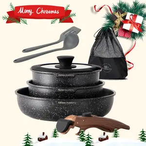 [Holiday Haul] Kitchen Academy Detachable Handle Induction Cookware Sets - 10 Piece Non-stick Pots and Pans Set for Camp Lightweight Oven Stove Black Outdoor Activities, Christmas Gift