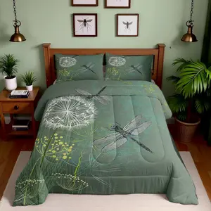 Dragonfly Comforter Set,Dandelion Floral Bedding Set for Kids Girls Teens Women Bedroom Decor Nature Animals Botanical Quilted Duvet Vintage Green Duvet Insert