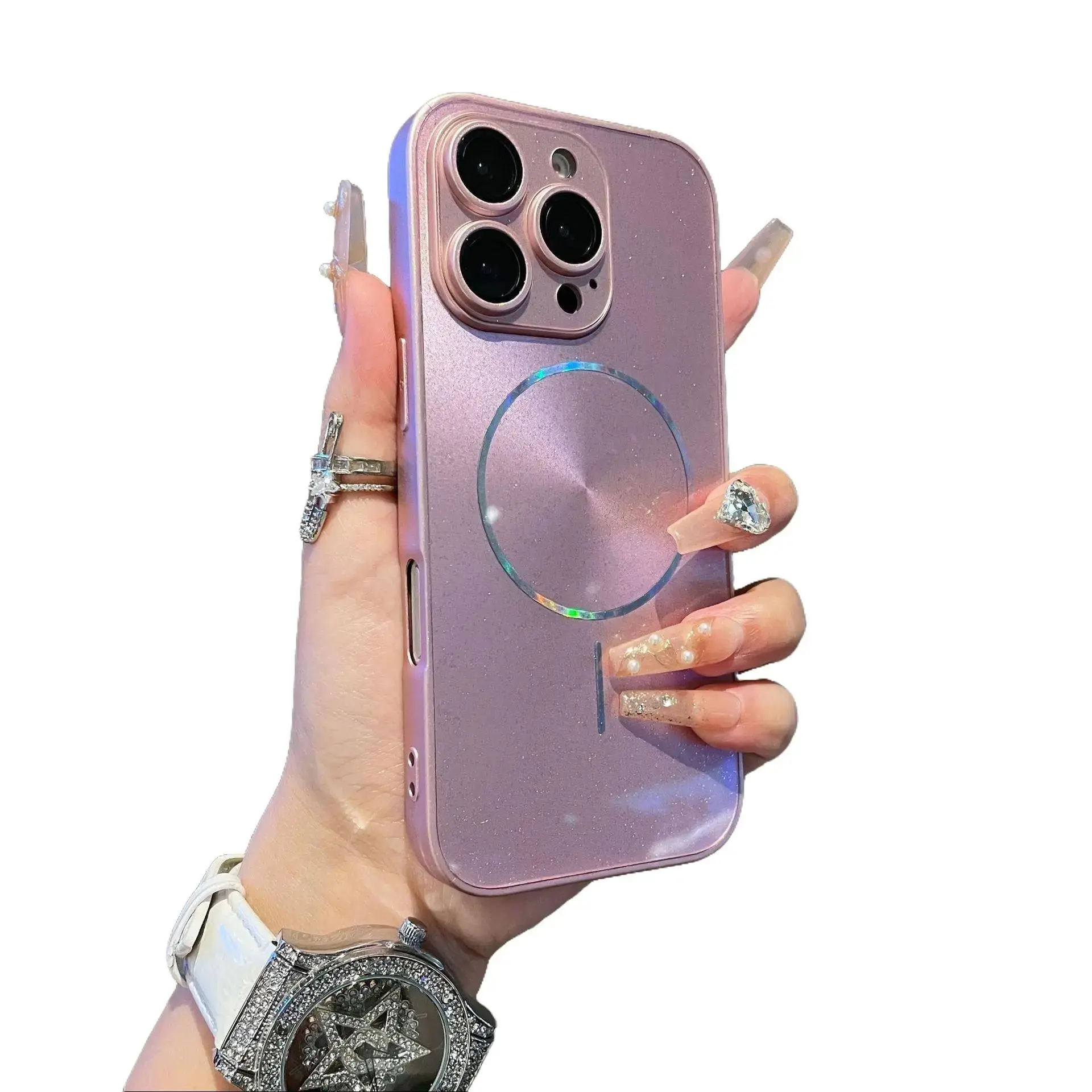 Women's Ice Crystal Sparkling Diamond High-End Glass Phone Case - Multi-Model Fit for iPhone 17/16/15/Pro/Max, Full Coverage Lens Protector (Includes Lens Film), Magnetic Shockproof Slim Casing, Luxury Pattern Accessories for Devices