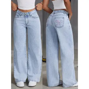 [MS]Trendy Embroidered Back Pocket Wide-Leg Jeans with an Elastic Waistband for Teenage Girls.Fashion Fit convertible Pants Womenswear baggy jeans 90s outfits Bottoms Loose
