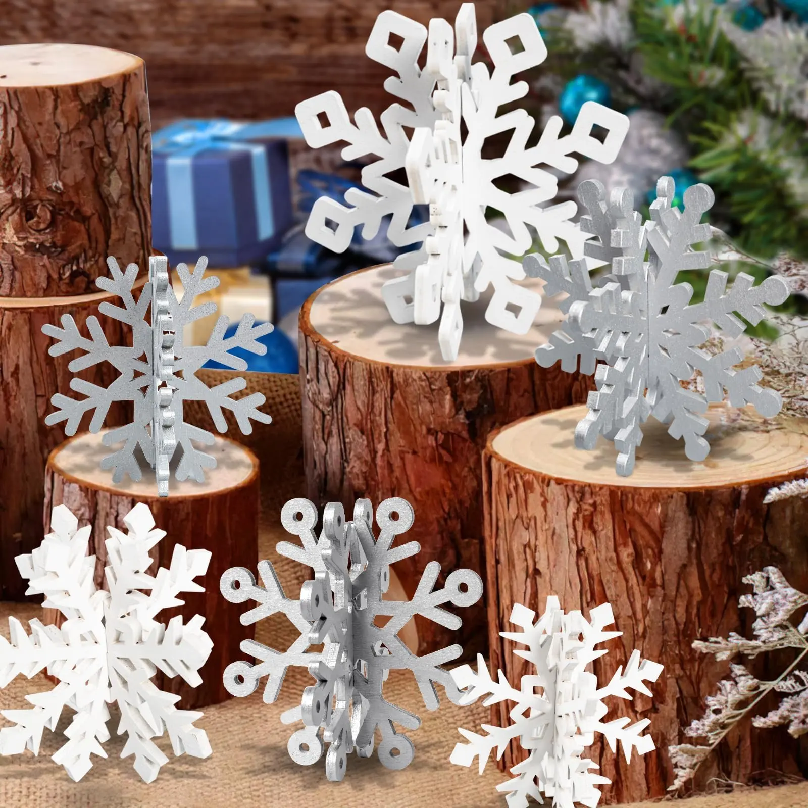 Winter Christmas Centerpiece Table Decorations - 12pcs Wooden Snowflakes Decor 3d White Snowflake Tabletop For Xmas Holiday Tiered Tray Farmhouse
