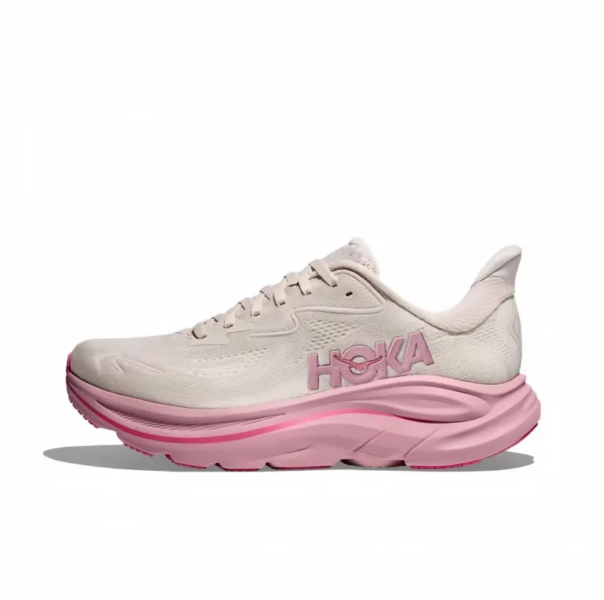 Cream pink running shoes with ultra cushioned thick midsole, breathable engineered mesh upper, lightweight comfortable trainers for long-distance running and daily walking
