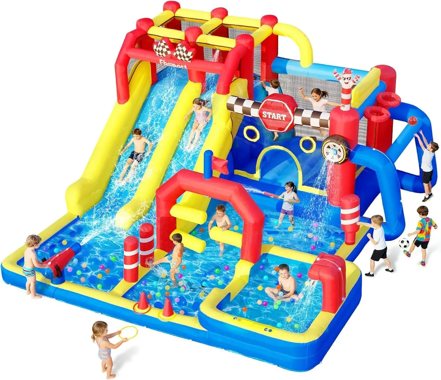 FBSPORT Inflatable Water Slide Bounce House with 750W Blower, 12 in 1 Waterslide Park with Double Water Slide, Splash Pool, Jumping, Climbing Wall, Bouncy Castle for Indoor Outdoor