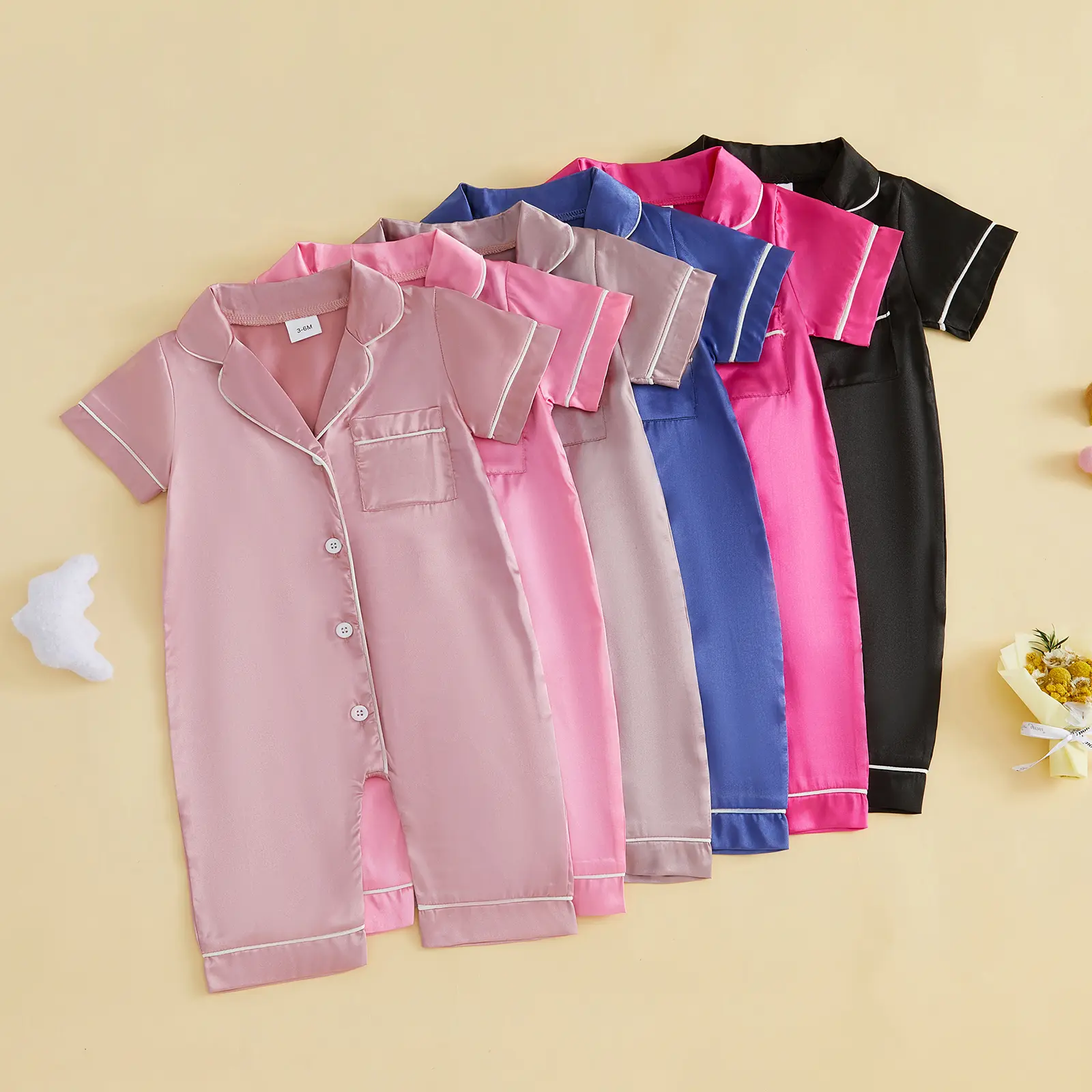 Infant Baby Girl Boy Summer  Pajamas Jumpsuit Short Sleeve Button Down Satin Silk Pjs Sleepwear Onesie